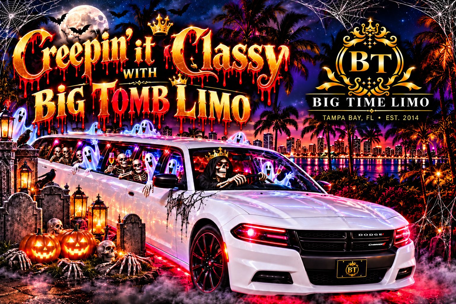 Creepin' it Classy with Big Tomb Limo: a white stretch limo full of skeletons and ghosts, driven by the Grim Reaper, on the Tampa waterfront at night