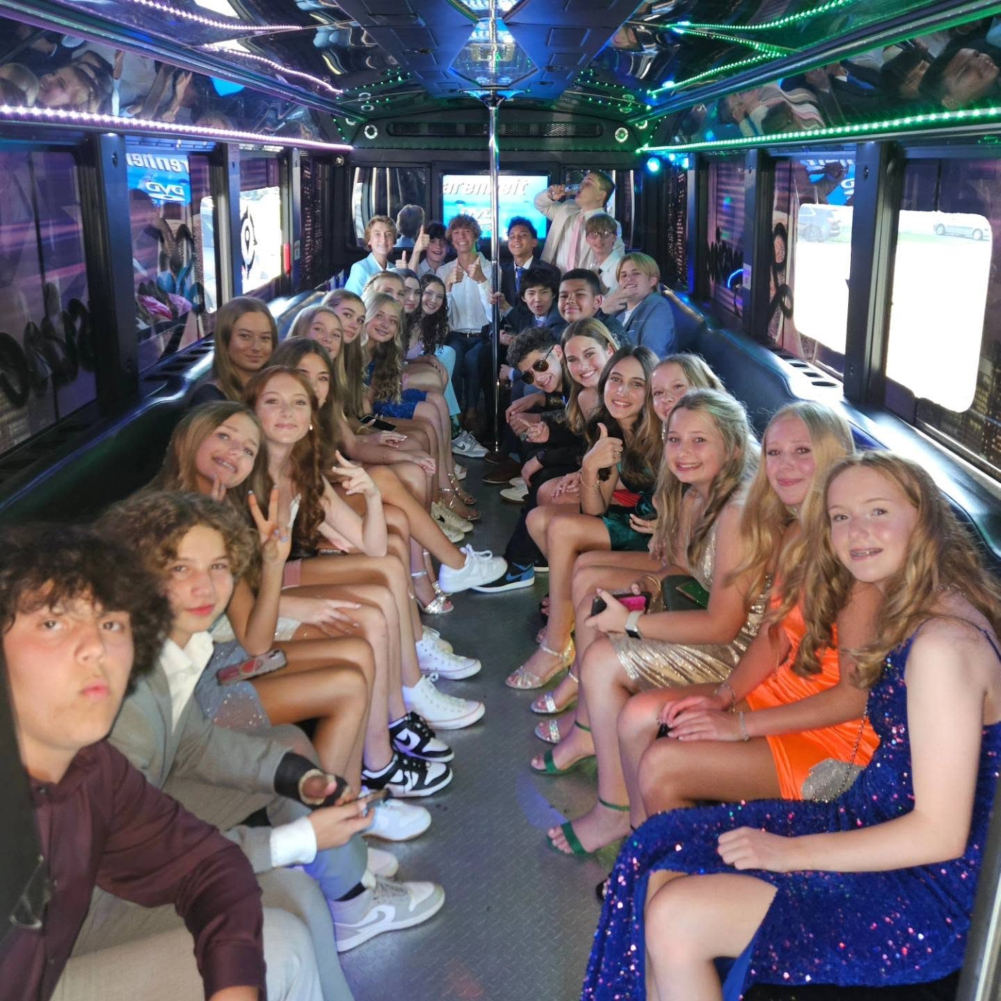 Party bus interior with the crew